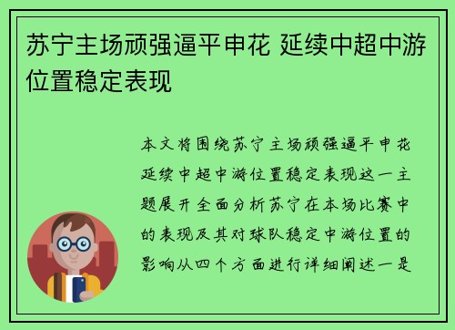 苏宁主场顽强逼平申花 延续中超中游位置稳定表现