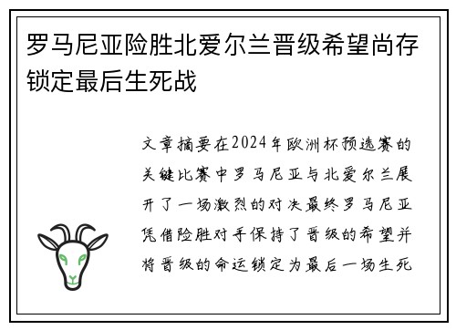 罗马尼亚险胜北爱尔兰晋级希望尚存锁定最后生死战