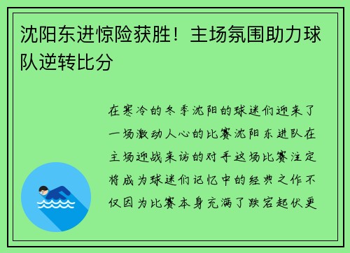 沈阳东进惊险获胜！主场氛围助力球队逆转比分