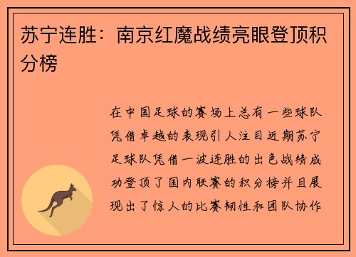 苏宁连胜：南京红魔战绩亮眼登顶积分榜