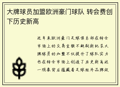 大牌球员加盟欧洲豪门球队 转会费创下历史新高
