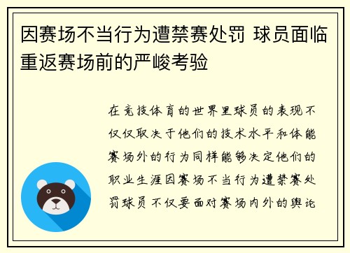 因赛场不当行为遭禁赛处罚 球员面临重返赛场前的严峻考验