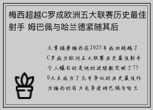梅西超越C罗成欧洲五大联赛历史最佳射手 姆巴佩与哈兰德紧随其后